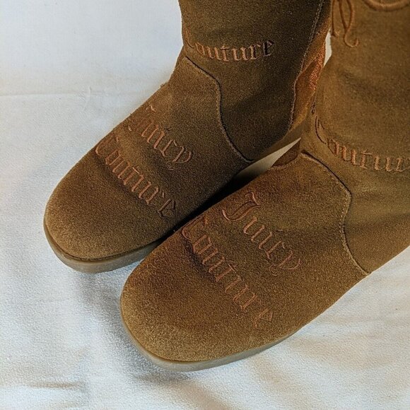 Juicy Couture Brown Faux Suede Moccasin Boots Knee High Tan Embroidered Y2K 8.5 - Picture 2 of 16